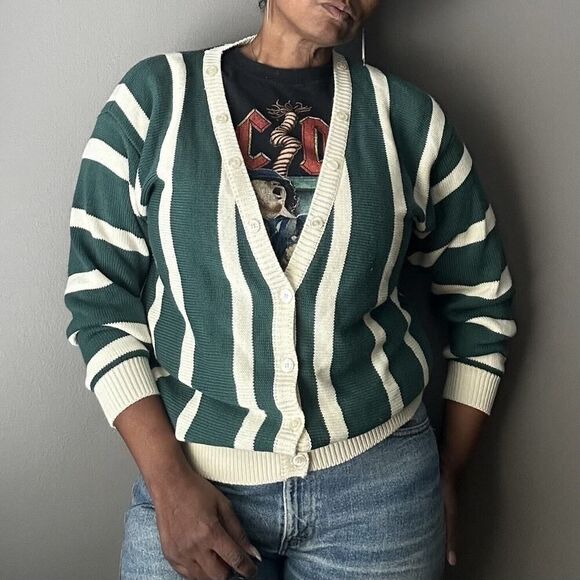 Vintage Suburban Petites Cardigan Sweater Green Cream Stripe Knit Women’s PL - Picture 9 of 9